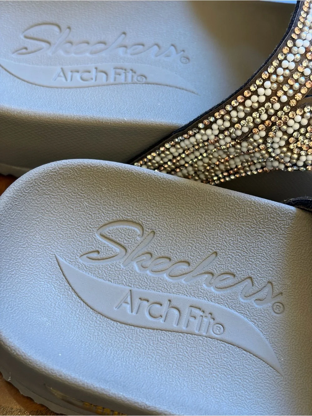 Skechers Taupe Wedge Thong Sandals with Gold Rhinestone Accents